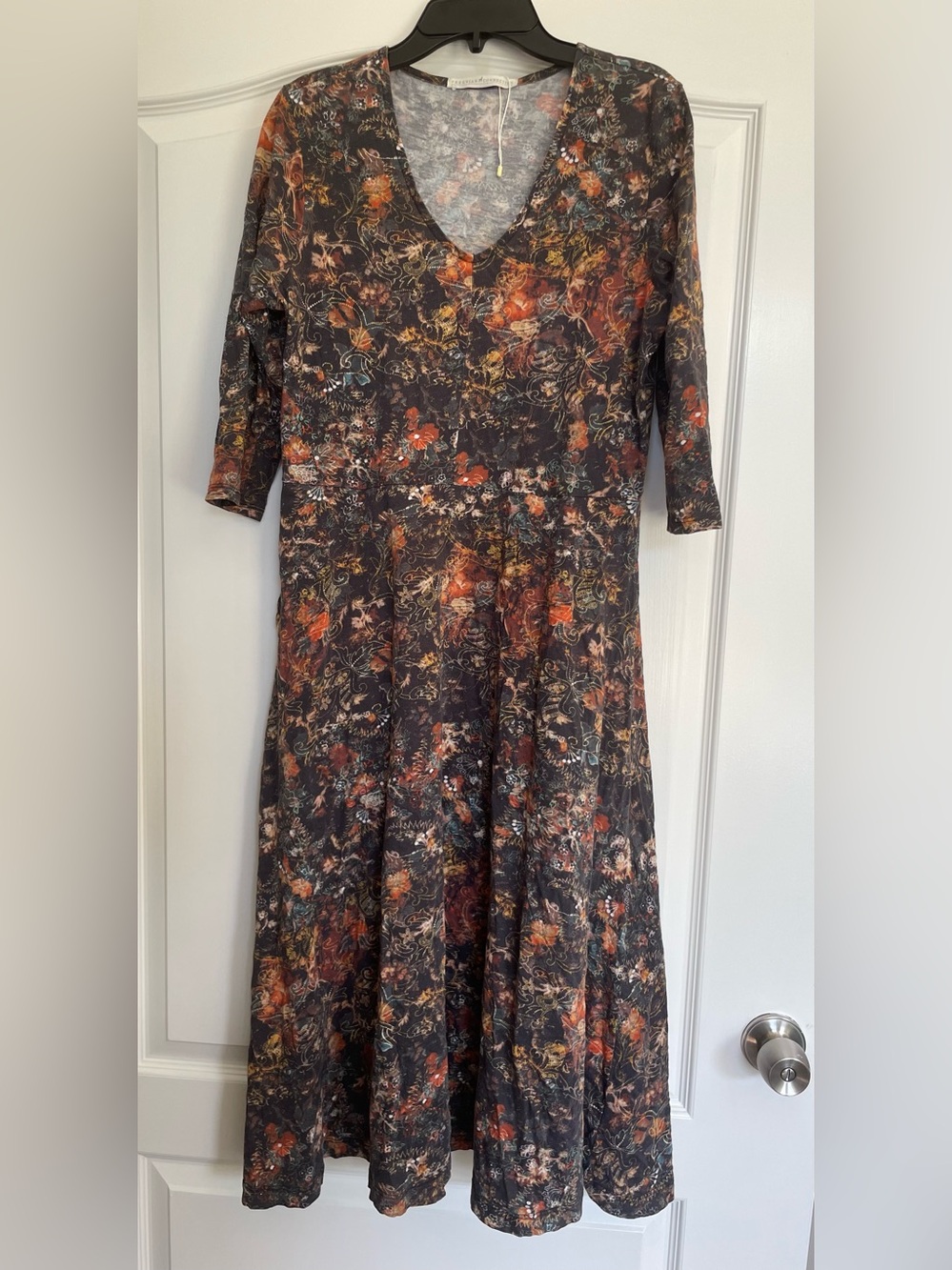 Peruvian Connection V-Neck Maxi Dress in Charcoal with Rust Floral